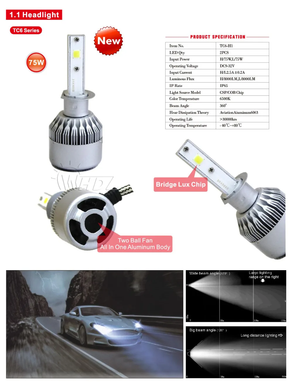 WHDZ TC6 H7 H3 H1 H4 880 9005 H11 LED Headlight Super Bright 75W 6500k Car Headlight Bulbs (11)