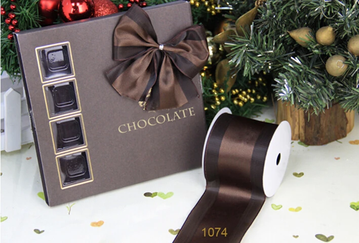 

63MM X 25yards roll gift packaging wired ribbon solid brown organza edge satin ribbon