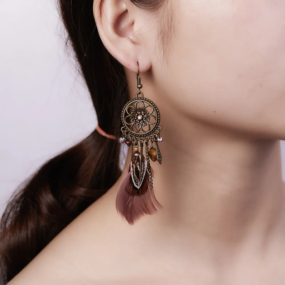 Rinhoo чешские серьги Этнические длинные Красочные перо ушные крючки ожерелье с бахромой серьги для женщин модные серьги ювелирные изделия