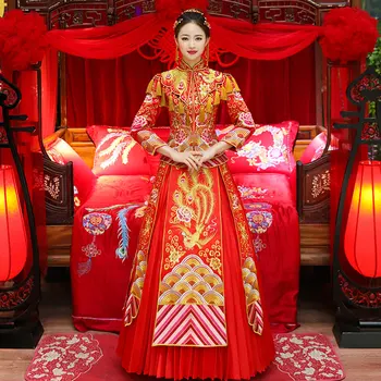 

Phoenix Royal Bride Wedding Dress High Quality Female Embroidery Qipao Gold Tassels Overseas Chinese Marriage Cheongsam Suit