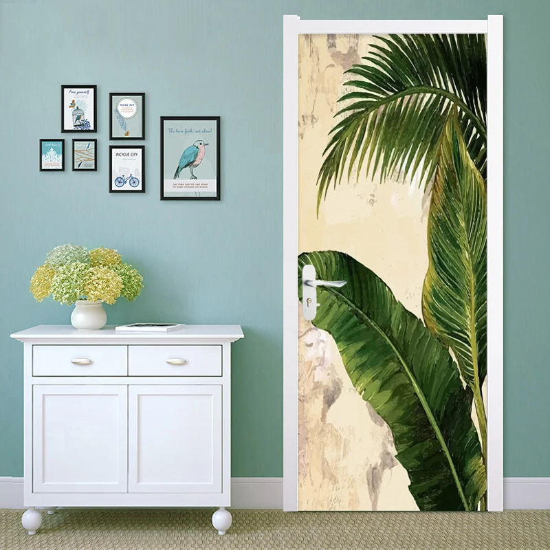 3D наклейка на дверь тропические растения зеленые банановые листья фото обои для гостиной спальни декор двери ПВХ самоклеющиеся наклейки s