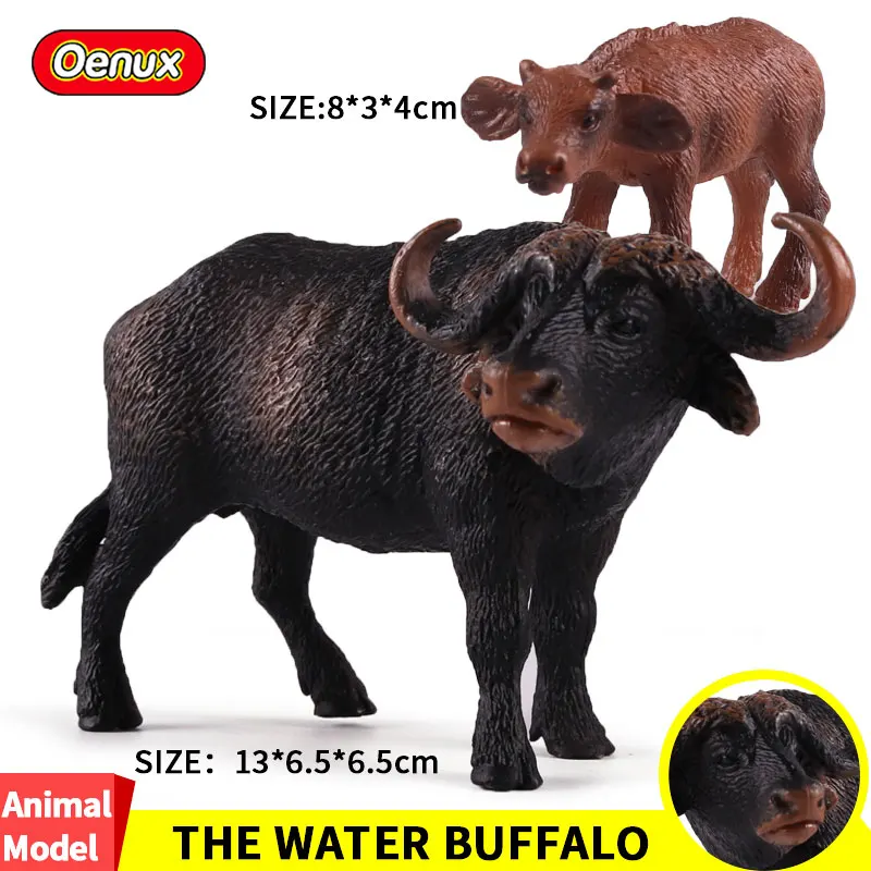 

Oenux 2PCS Original Simulation Africa Water Buffalo Wild Animals Model Buffalo Cub Action Figures Early Education Toys For Kids