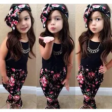 Модный комплект одежды для девочек, летний костюм для девочек, хлопковые комплекты детской одежды топы без рукавов+ штаны+ повязка на голову, комплект из 3 предметов для девочек