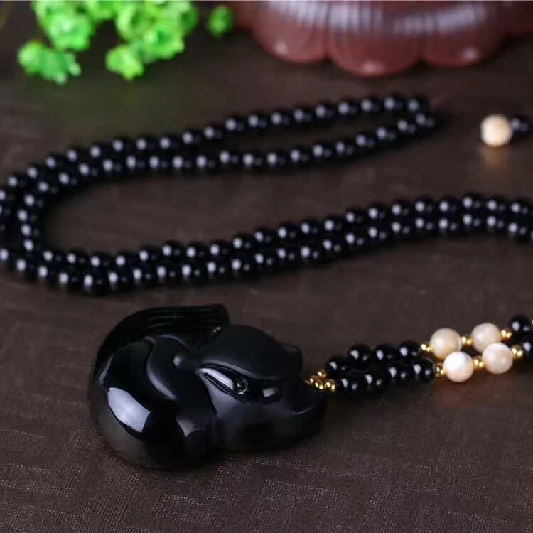 Genuine Natural Black Obsidian Gemstone Pendant Women Man Fox Shape Crystal Pendant 45x40x13mm AAAAA (2)