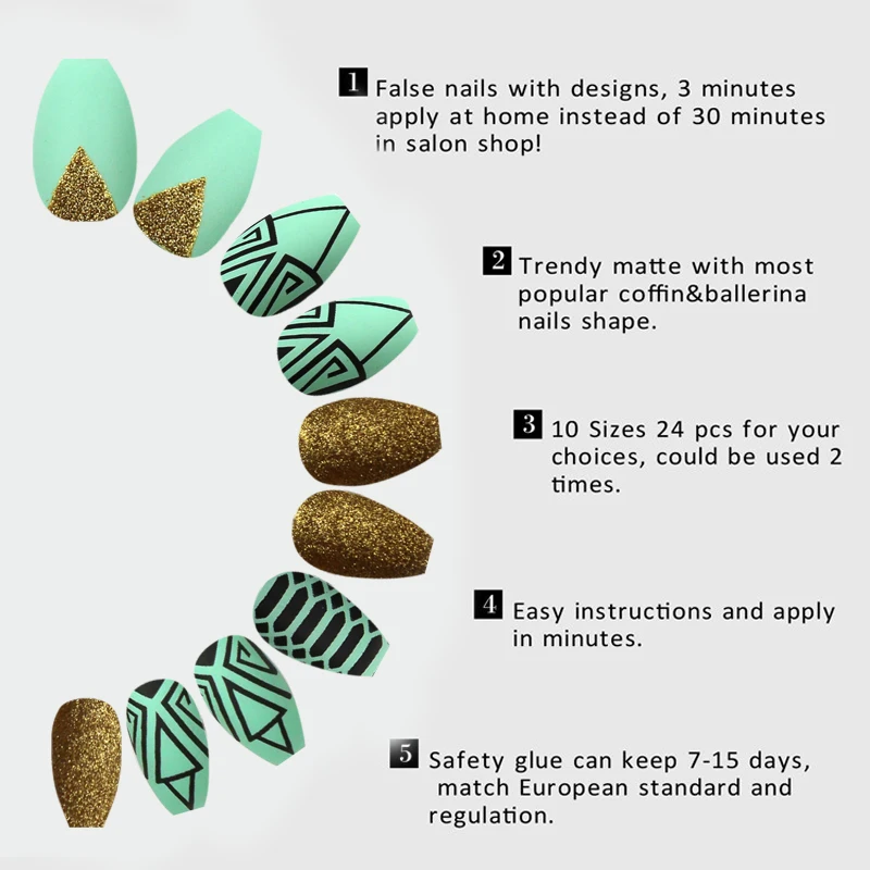 24 шт. накладные ногти среднего гроба предварительно разработанные золотые зеленые полосы блеск пресс на поддельные ногти Советы ногтей Красота Инструменты