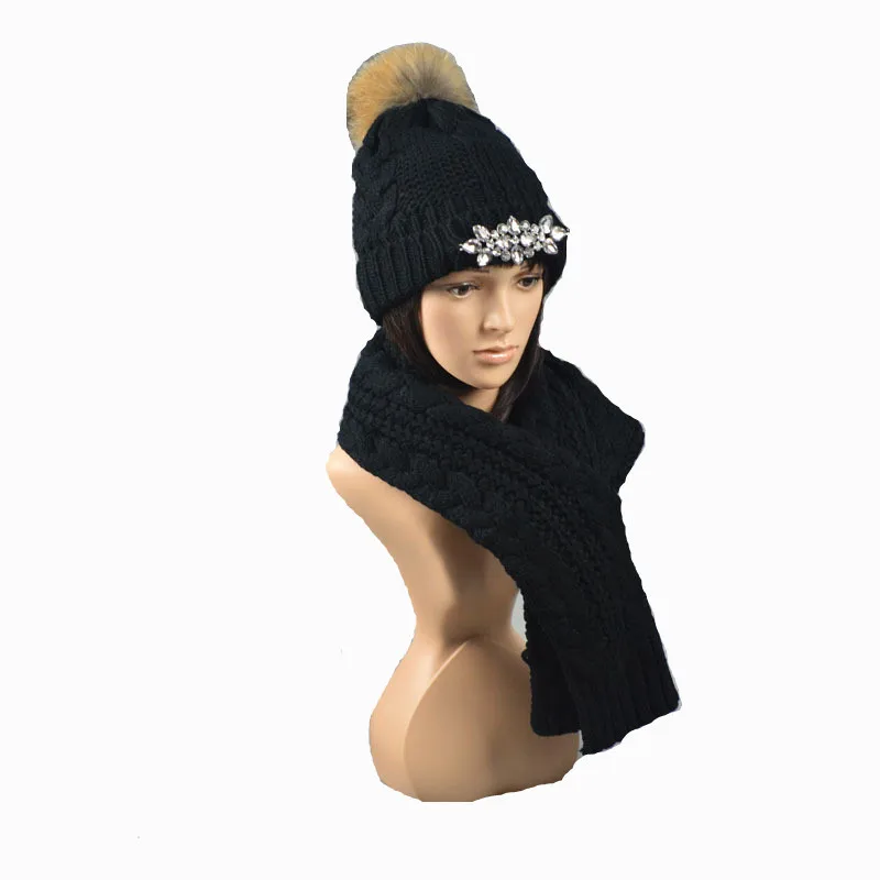Новинка, зимняя женская шапка, шарф, перчатки, комплект из 3 предметов, теплая вязаная шапка, Зимняя шерстяная шапка с помпонами, шапка из толстой пряжи, блестящие стразы - Цвет: black hat scarf