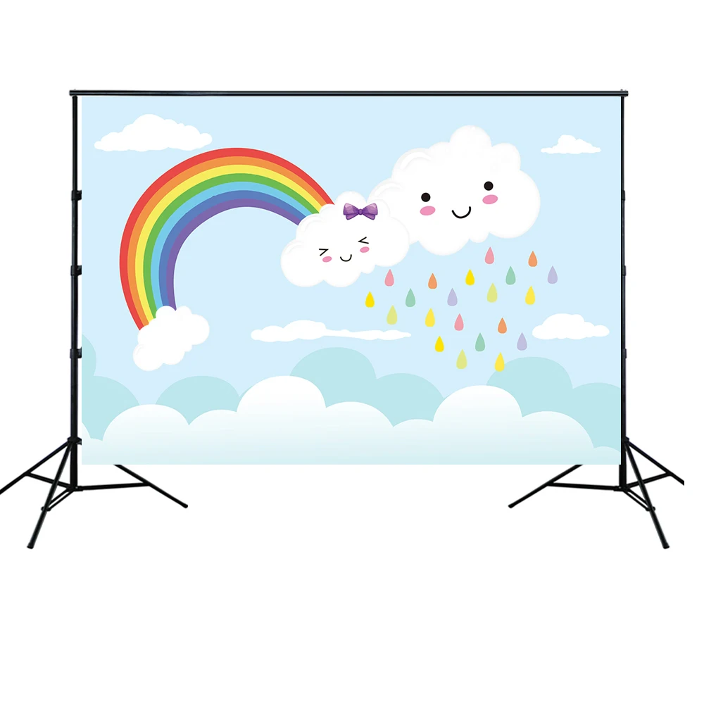 HUAYI Cartoon Cloud Rainbow Theme Backdrop for Newborn Girl 1st Birthday Baby Shower Portrait Banner Photobooth Background W2184