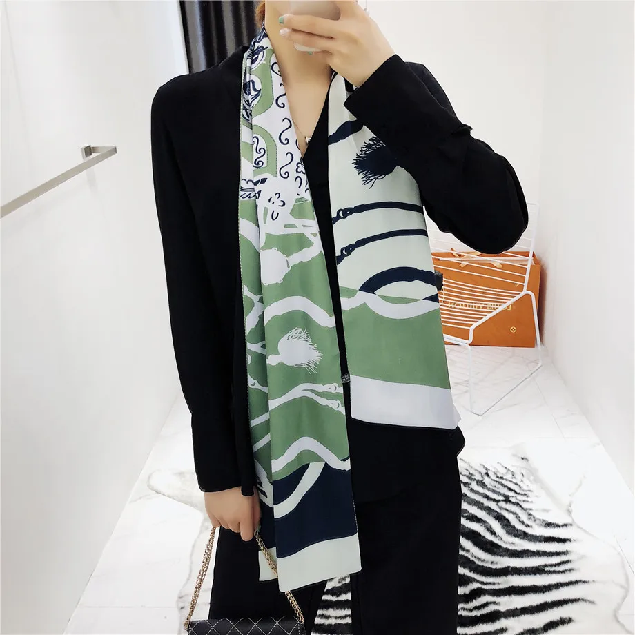 160cm Luxury Brand New Design Tassels Chain Twill Scarf Double-deck Women Scarf Head Silk Scarves Wraps Neckerchief For Ladies