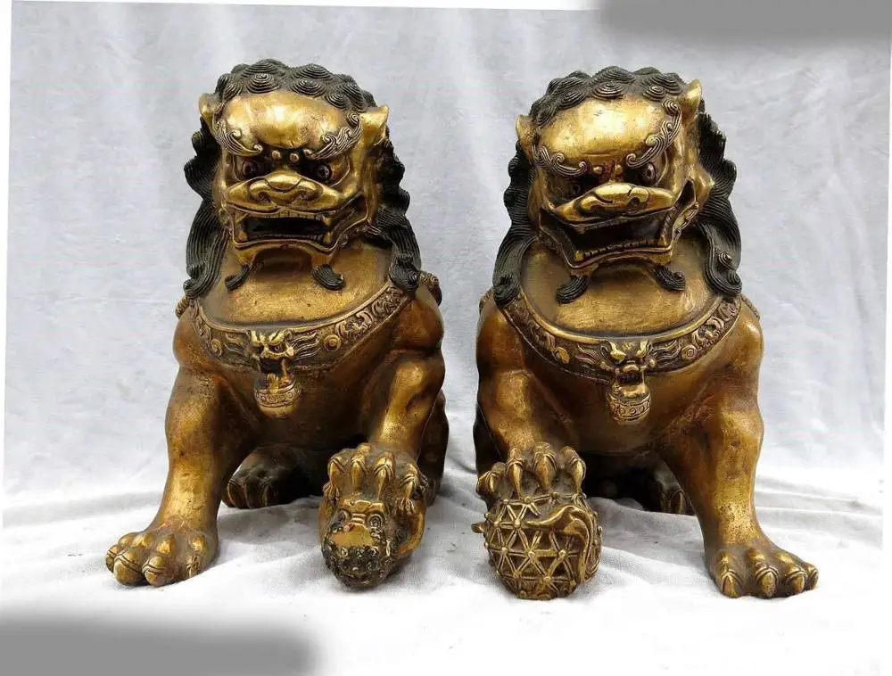 

10" China bronze gild carved fine guard Foo Dogs Lions pair Sculpture Statue