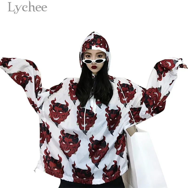 Lychee Харадзюку с принтом демона Летняя женская блузка панк готика Повседневная Свободная рубашка с коротким рукавом топы женские - Цвет: Pullover White
