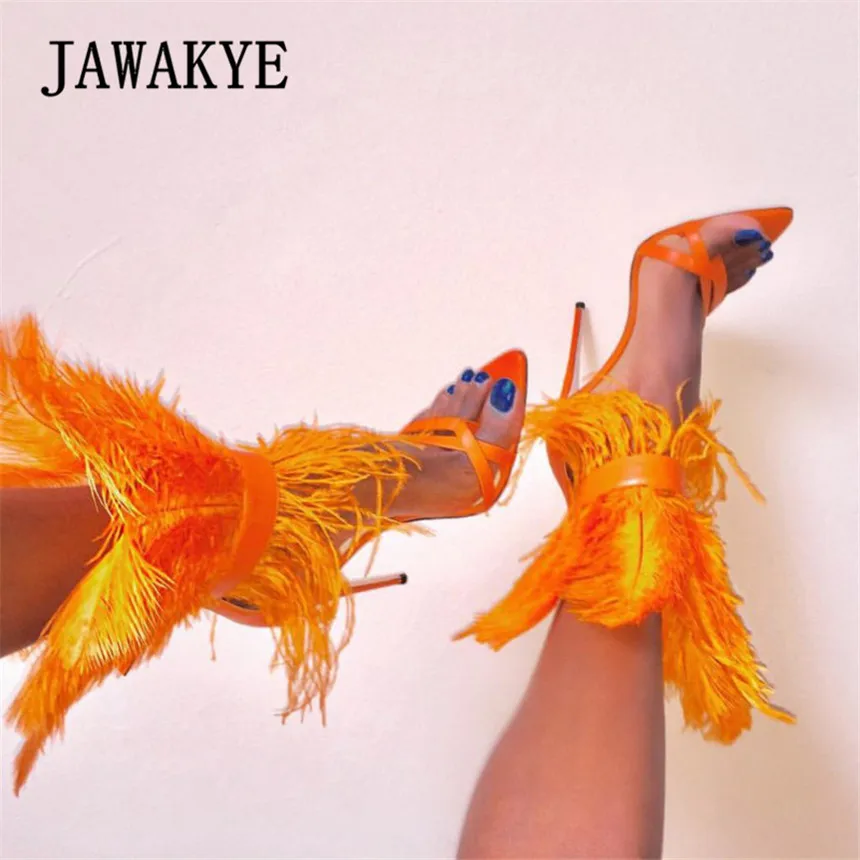New-Runway-Feather-heels-Sandals-Women-flip-flops-Super-High-Heels-Stilettos-Orange-White-Black-Party