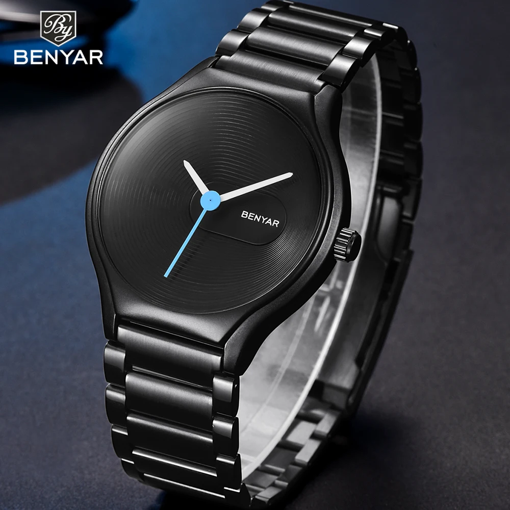 

BENYAR Tops Luxury Brand Men's Watch Simple Ultra-thin Black Steel Man Quartz Watch Analog Lovers Clock Male Relogio Masculino