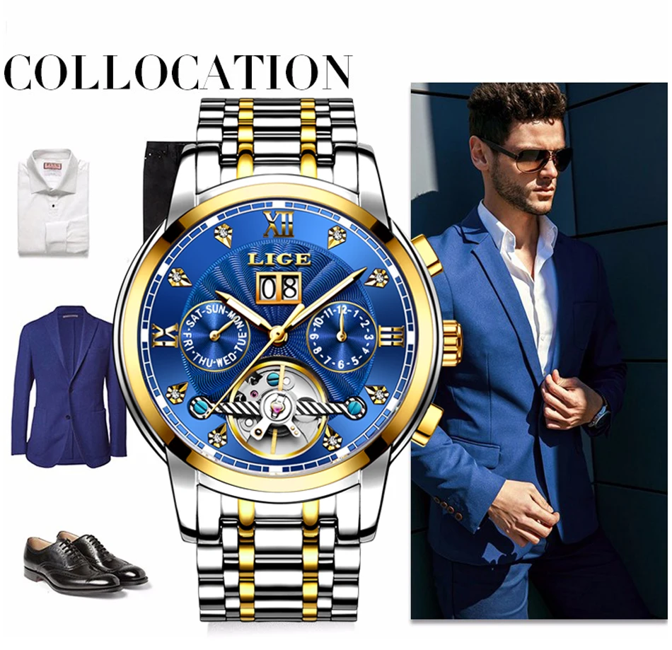 LIGE Men luxury Automatic Mechanical Watch Classic Business Watch Men Tourbillon Waterproof Men Wristwatch Relogio Masculino+Box