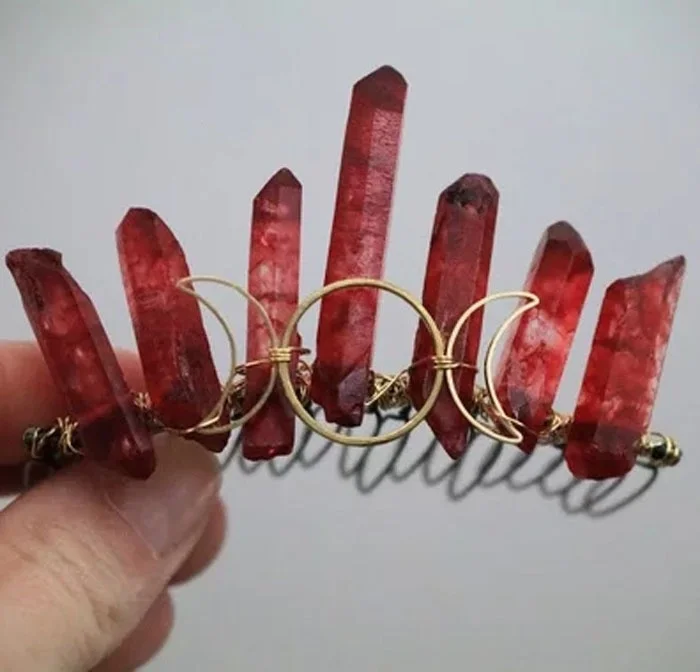 

Blood Moon Triple Moon and Blood Red Crystal Mini Crown, Quartz Point Accessory, Red Celestial Hair Piece, Witch Crescent Moon