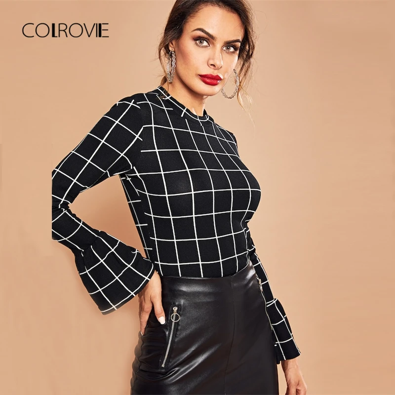 COLROVIE Black Bell Sleeve Grid Plaid Ruffle Elegant Blouse Shirt 2022 Winter Korean Fashion Office Womens Tops And Blouses