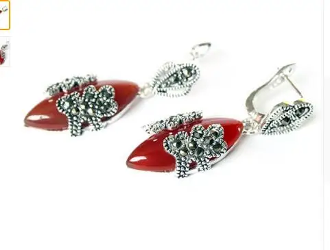 

VINTAGE 11/2" NATURAL RED Natural Stone MARCASITE 925 SILVER EARRINGS STONE 925 Sterling Silver wedding jewelry earrings
