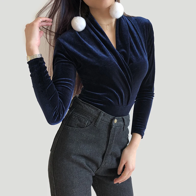Autumn Winter Deep V-Neck Velour Bodysuit Women Sexy Jumpsuit Solid Long Sleeve Slim Casual Elegant Ladies Bodysuits Rompers
