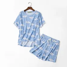 Летние женские повседневные пижамные комплекты женская футболка с коротким рукавом и круглым воротником+ шорты Дамский хлопковый пижамный комплект