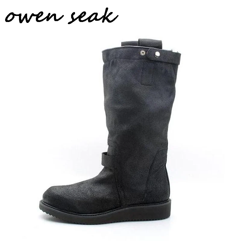 

Owen Seak Men Knee High Boots Cow Suede Leather Luxury Trainers Winter Snow Boots Casual Flats Shoes Black Big Size Sneakers