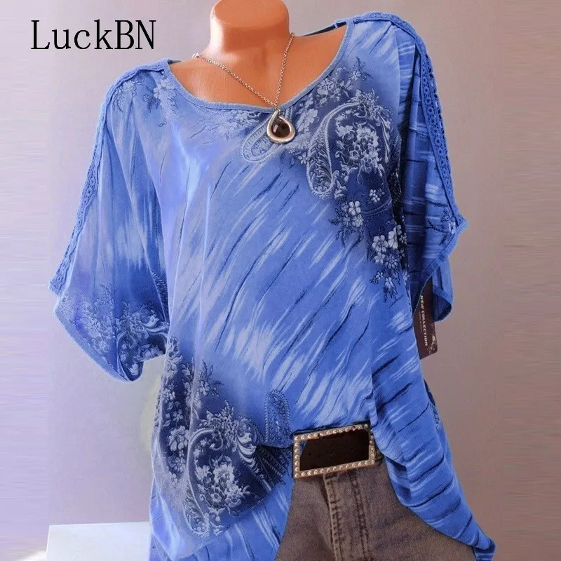 

Spring S-5XL Plus Size Women Tops Summer Short Sleeve O Neck Floral Print Loose Blouses Casual Lace Fashion Tops Shirts Blouses