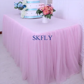 

SK005H custom made fast shipping standard 6ft rectangle banquet elegant puffy tutu wedding baby pink tulle table cloth with top