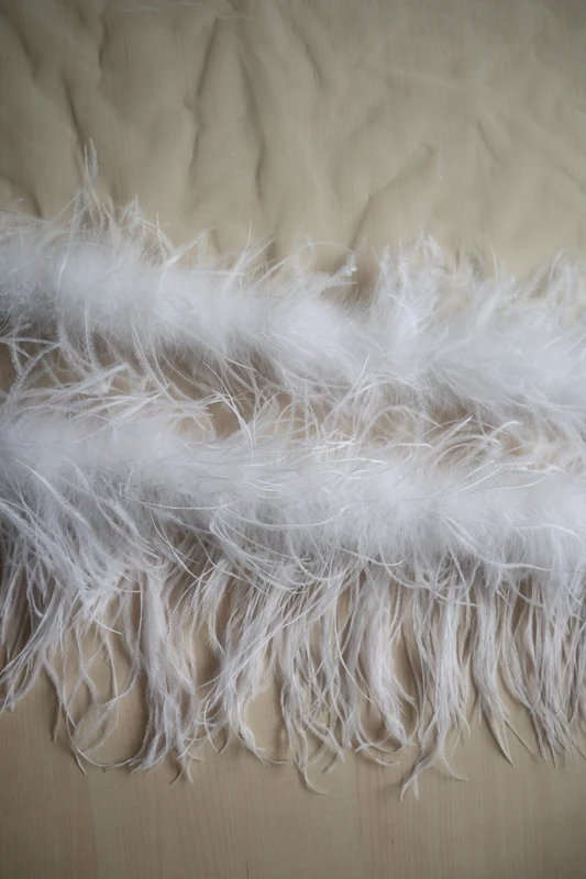 white feather fabric, 3D ostrich feather mesh fabric with 3D feathers