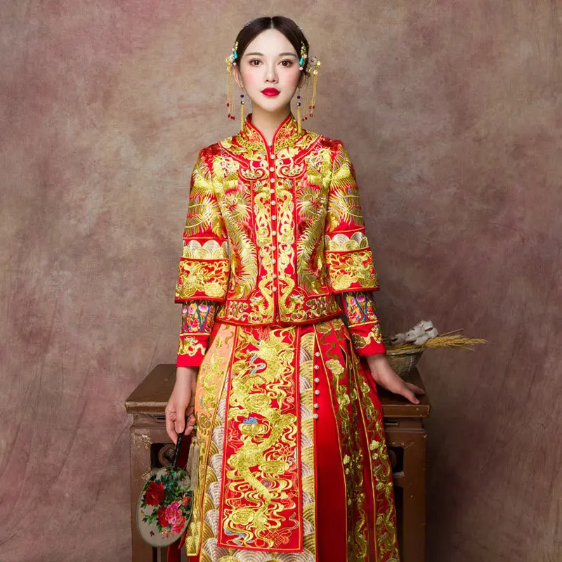 Мода красное золото Для женщин феникс вышивка Cheongsam Длинные Qipao Китайский традиционный свадебное платье Oriental Стиль платья