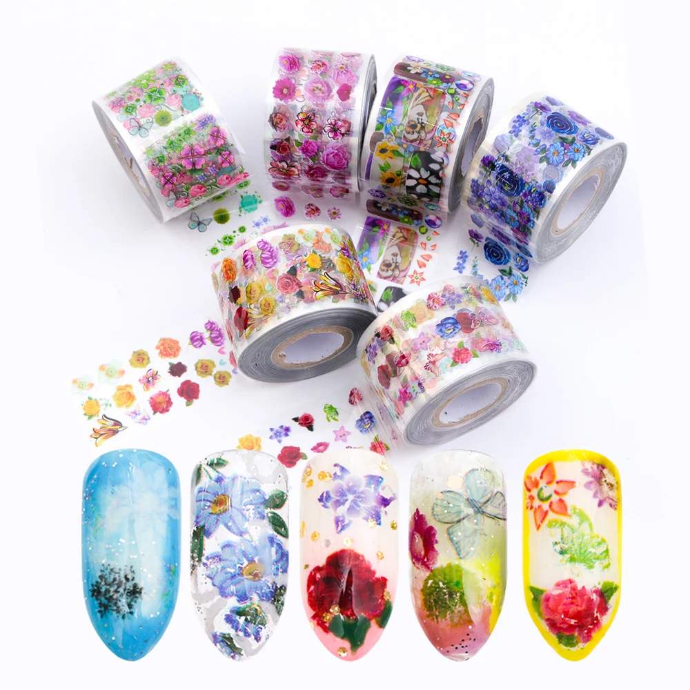 8 Rolls/set Nail Art Transfer Foils Stickers Transparent Base 3.8x120m Colorful Flowers Nail Sliders Accessory Decoration TR690