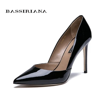 

BASSIRIANA 2018 quality genuine leather patent leather shoes woman thin high heels leather outsole shoes black beige size 35-40