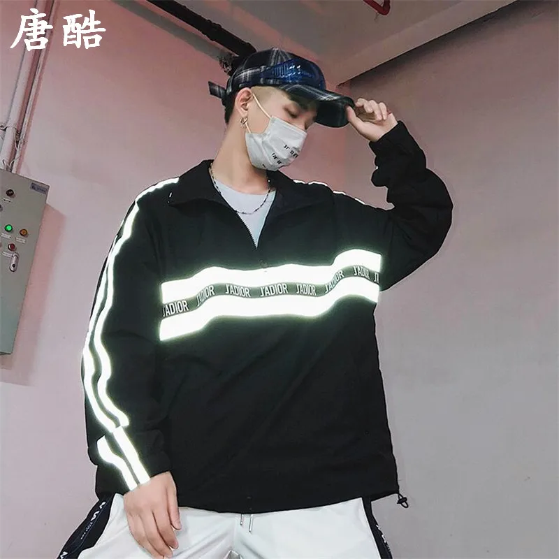 Тан Прохладный 2019 Новый Фирменная новинка мода Столкновение хип-хоп инструменты ветер светоотражающие с длинным рукавом пара куртка Chao