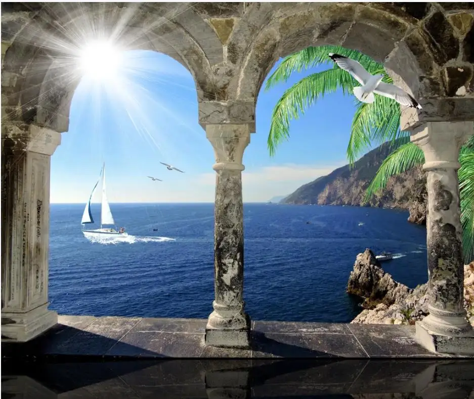 wallpaper for walls 3 d for living room Mediterranean arch sailboat coco castle vintage background wall wallpaper for walls 3 d for living room Mediterranean arch sailboat coco castle vintage background wall