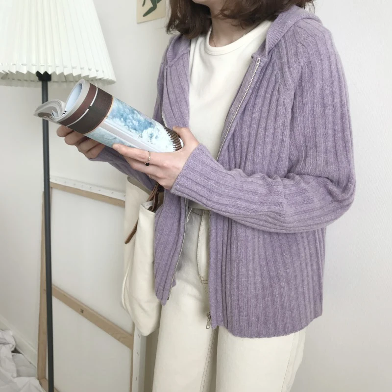Xnxee 2019 кардиган invierno mujer шикарный фиолетовый даже шляпа кардиган на молнии вязаное свободное студенческое пальто