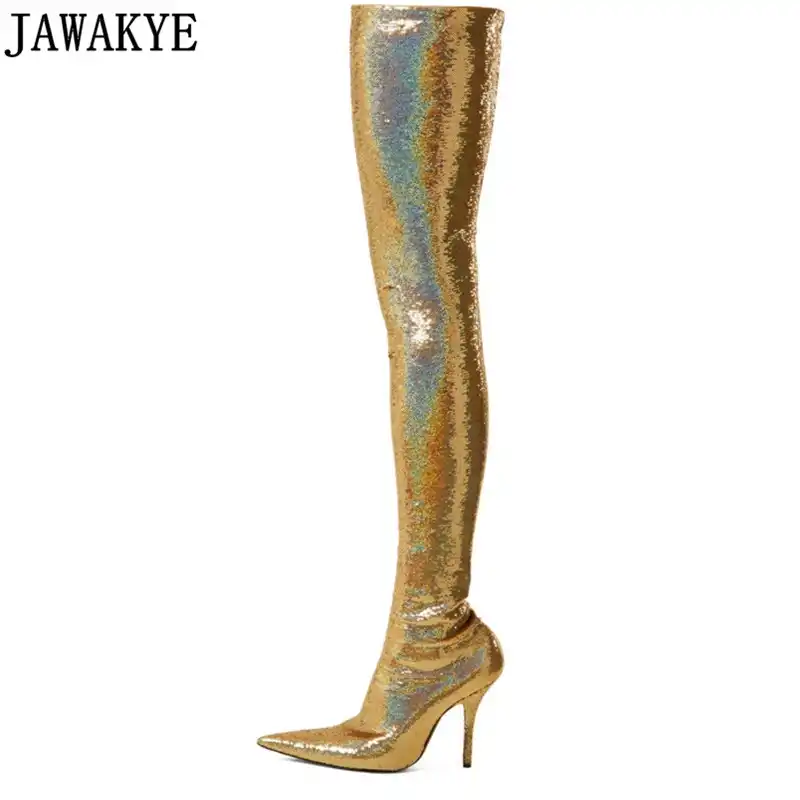 gold sequin thigh high boots