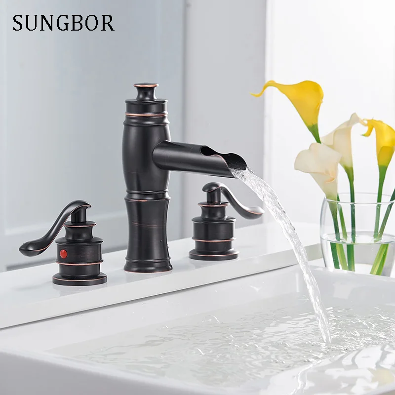 

Double handle bathroom black crane waterfall faucet mixer Tap three hole us Basin Mixer Hot And Cold Water Wash Faucet FH-0306H