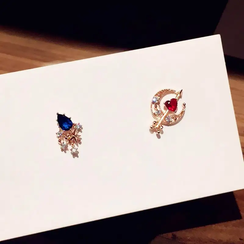 

MENGJIQIAO Korean Creative Design Cute Moon Arrow Heart Asymmetric Stud Earrings For Women Water Drop Zircon Micro Pave Brincos