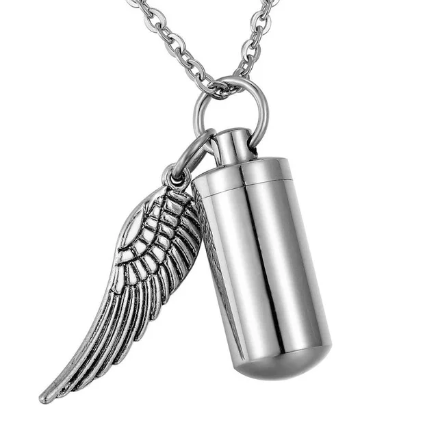 

JJ002 With Angel Wing Charm Cylinder Stainless Steel Memorial Urn Necklace For Ashes Of Loved One Keepsake Cremation Jewelry