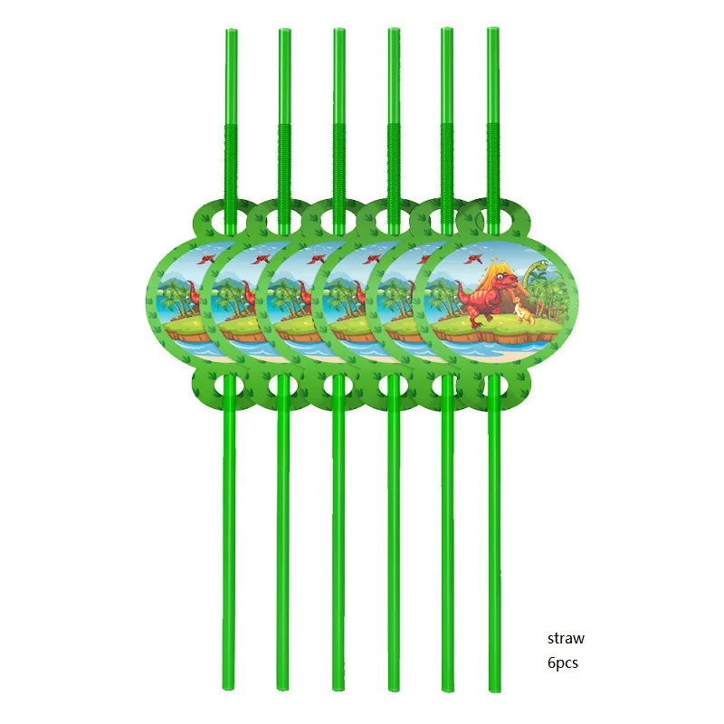 6 шт. в наборе, чашки с динозаврами, тарелки, скатерти, шляпы, флаги, салфетки, столовые приборы для детей, вечерние украшения с днем рождения - Цвет: 6pcs straws