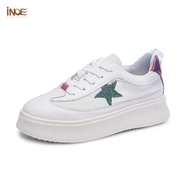 

INOE 2019 New fashion genuine cow leather female Spring casual shoes for women sneakers feminino flats for girls white black
