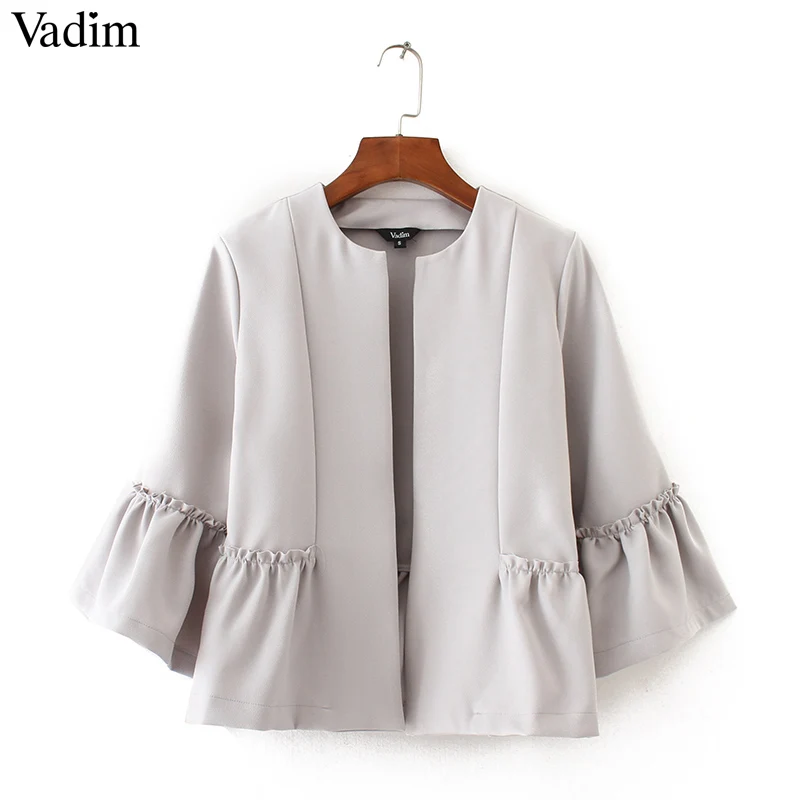 Vadim, милый, женский пиджак с оборками с открытыми плечами дизайн рукав «фонарик» пальто однотонная женская Повседневная Брендовая верхняя одежда топы CT1522