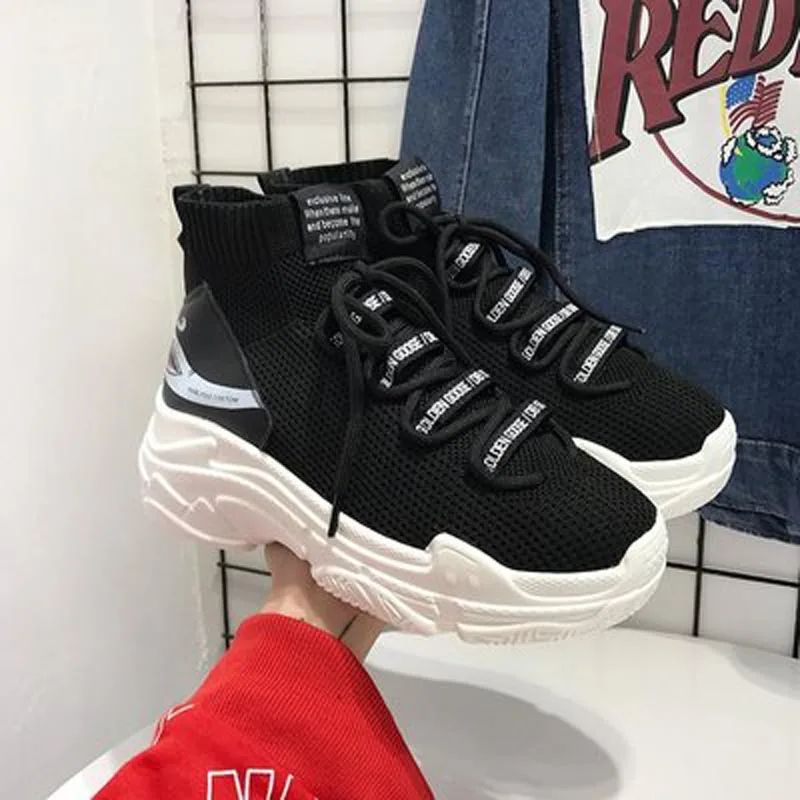 

Spring and autumn new fashion elastic hip hop high shoes Korean version of the thick bottom mesh breathable lace casual shoes
