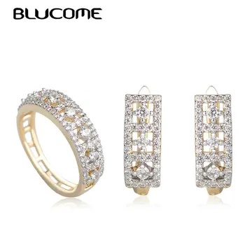 

Blucome Fashion Shining Cubic Zircons Stud Earrings Ring Jewelry Sets Women Girls Party Accessories Gold Color Copper Bijuterias