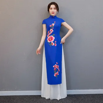 

BLUE 2020 Summer Short Sleeve Qipao Chinese Women Flower Elegant Long Dress Vestidos Big Size 3XL 4XL Vintage Slim Cheongsam