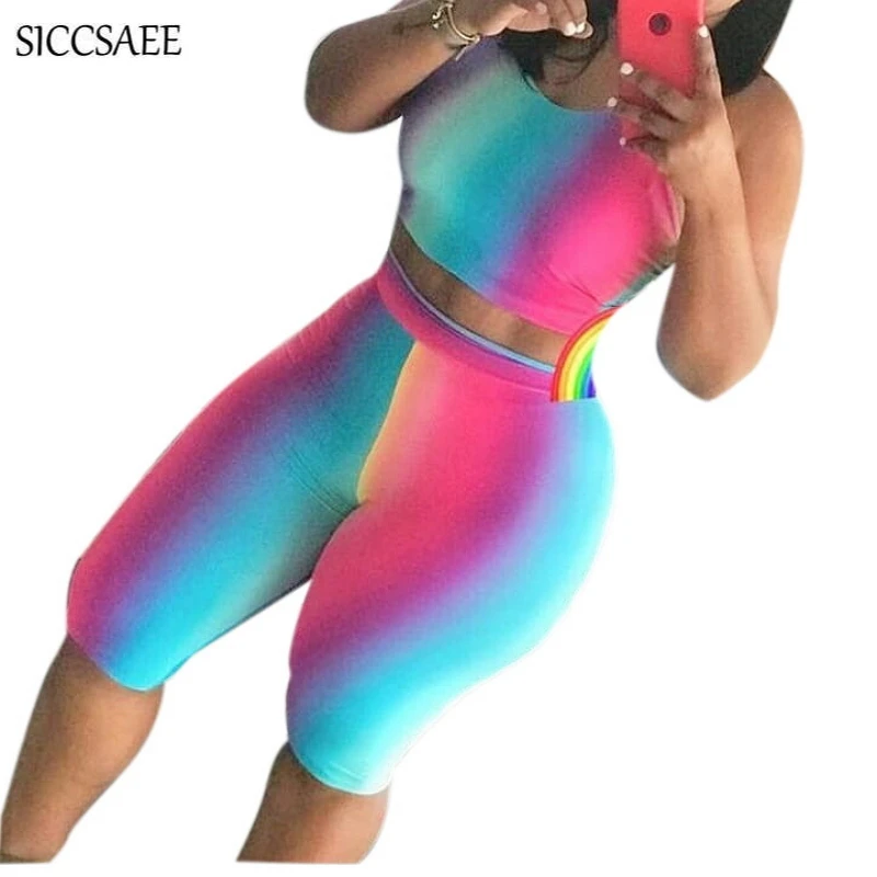 

Rainbow Tie Dye Printed Bodycon Bodysuit Crop Top Spaghetti Strap Knee Length Pants Suits Sexy Two Piece Set Bike Shorts Summer