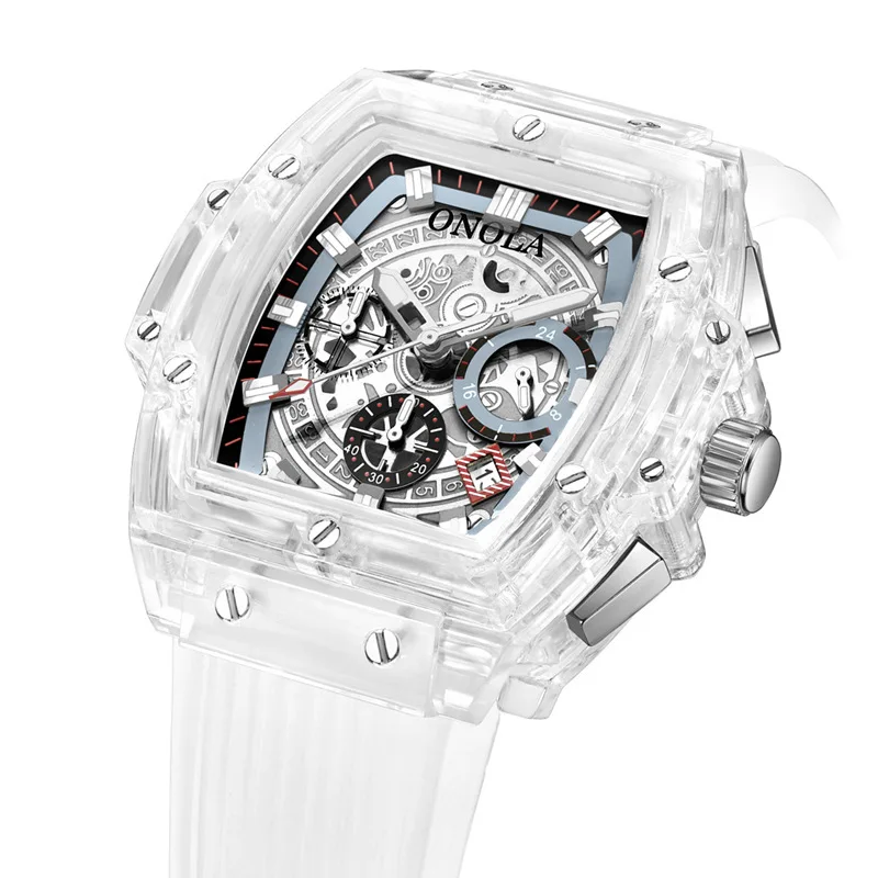 

Transparent quartz waterproof Multifunction man watches square white fashion clocks luxury mens wristwatches