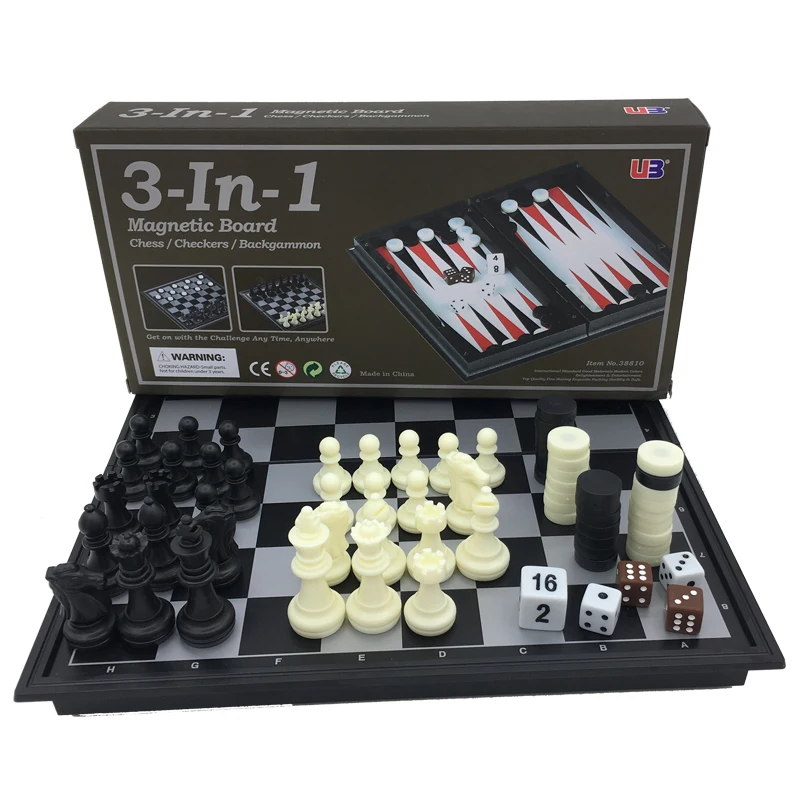

Folding Magnetic Board Game Plastic Chess & Checkers & Backgammon 3 in 1 Chess Sets With Chessboard And Chess Pieces Size S