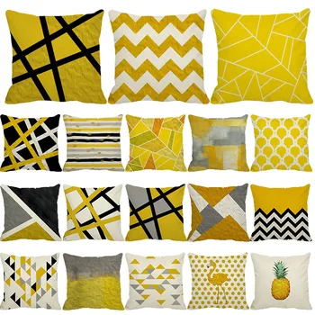 

45x45cm Yellow Striped Pillowcase Geometric Throw Cushion Pillow Cover Linen Cushion Pillow Case Bedroom Office Cushion Cover