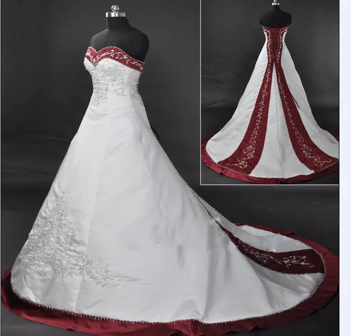 Элегантное Белое и бордовое атласное платье с вышивкой свадебные