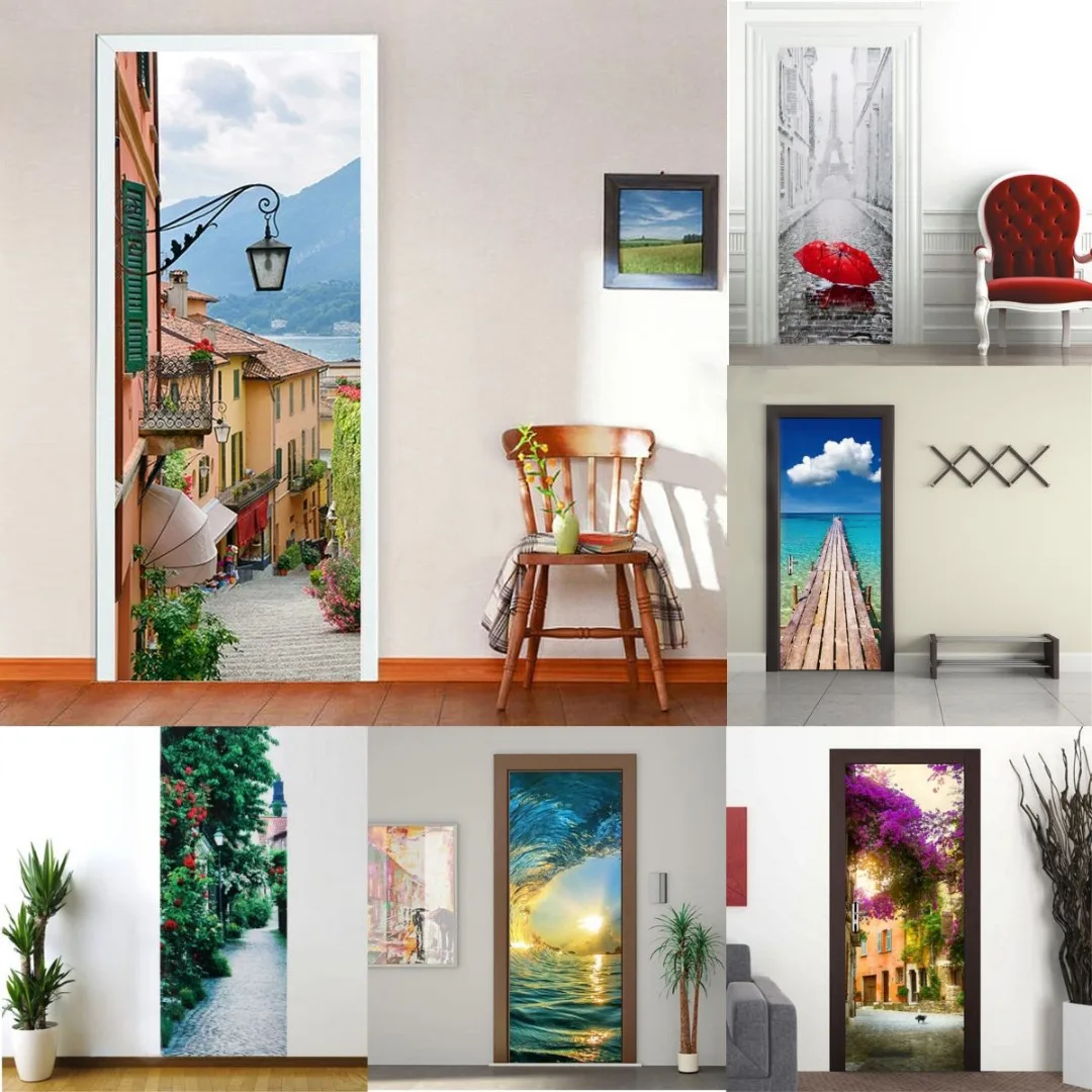 Fashion 3D Self Adhesive Scenery Door Wall Fridge Sticker Decals Wrap Mural Home Decor