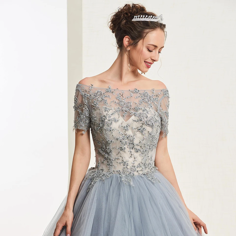 Бальное платье Dressv темно серого цвета с бисером бальное коротким рукавом милое