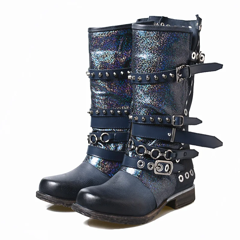 

zapatos de mujer 2018 Shoes Woman Leather Mid-Calf Boots Mixed Color Metal Decor belt buckle Motorcycle Boots zip botas mujer